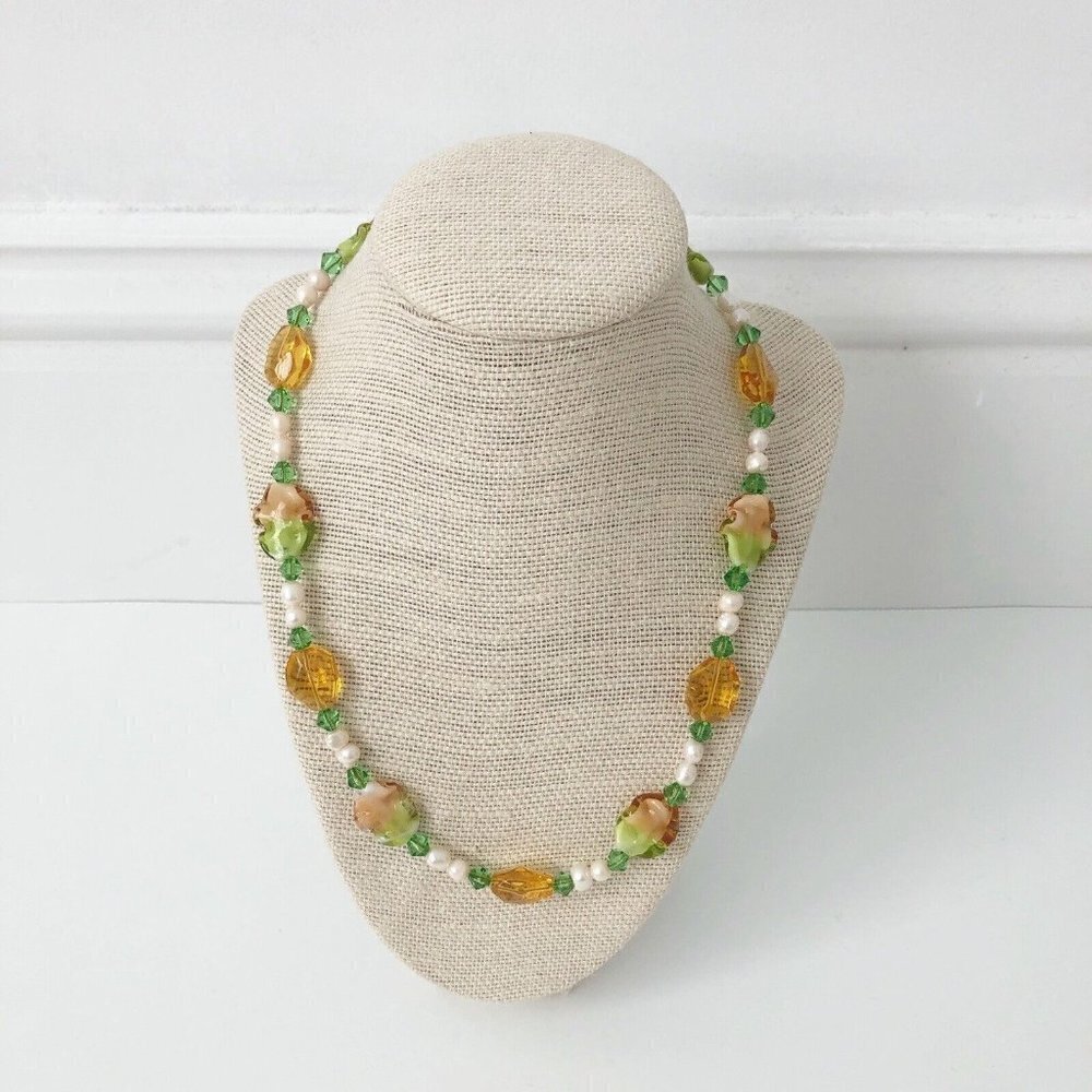 NWT Genuine Murano Glass, Pearls & Czech Crystal Beaded Necklace Green Orange